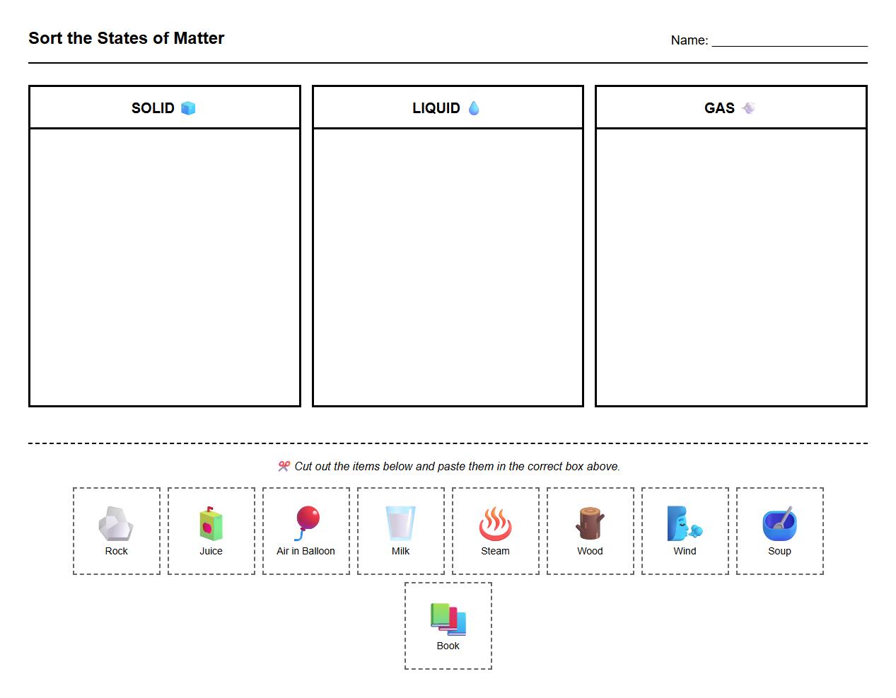 Cut and paste worksheet categorizing examples into different states of matter