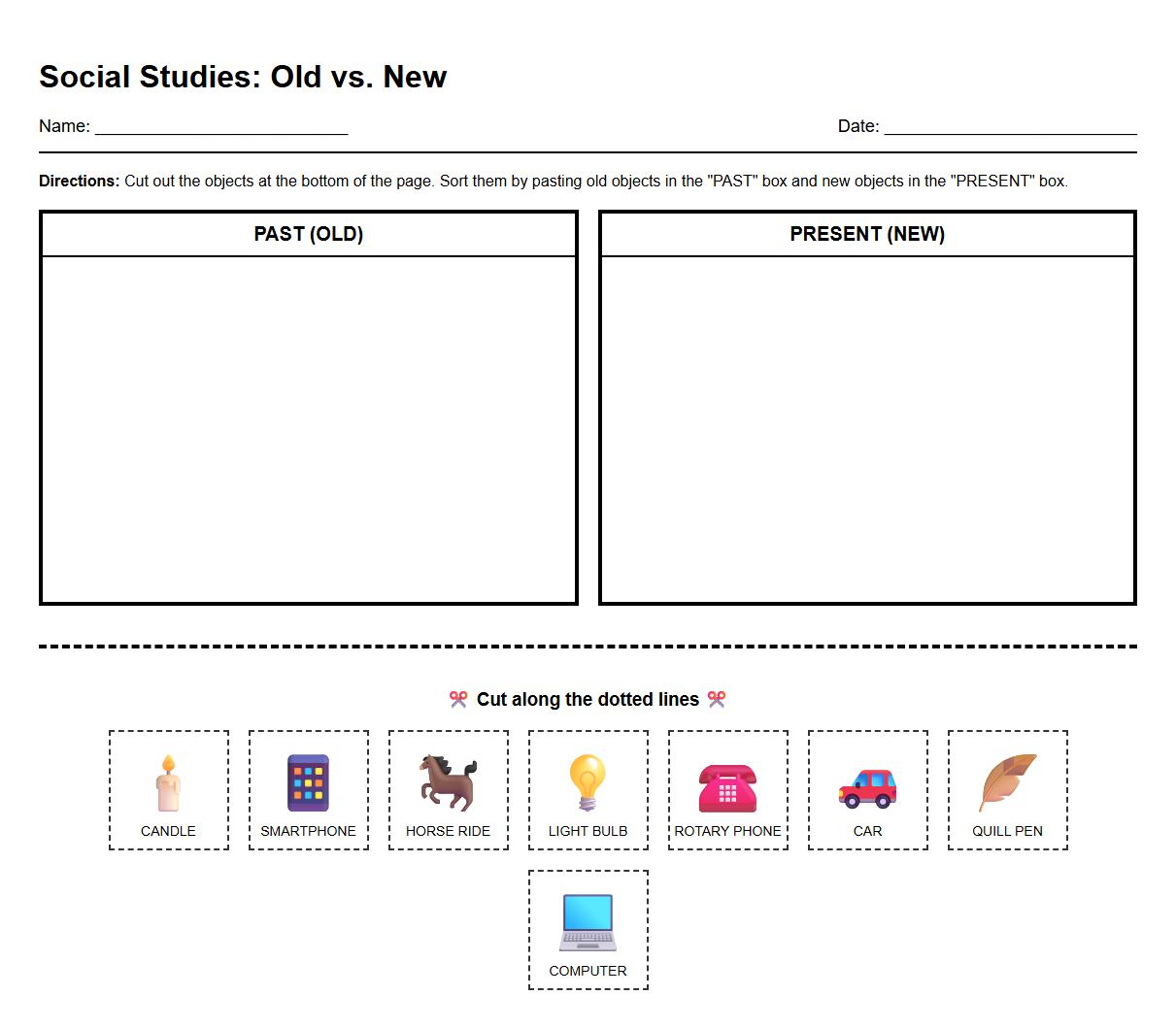 Cut and Paste Worksheet: Old vs New Objects