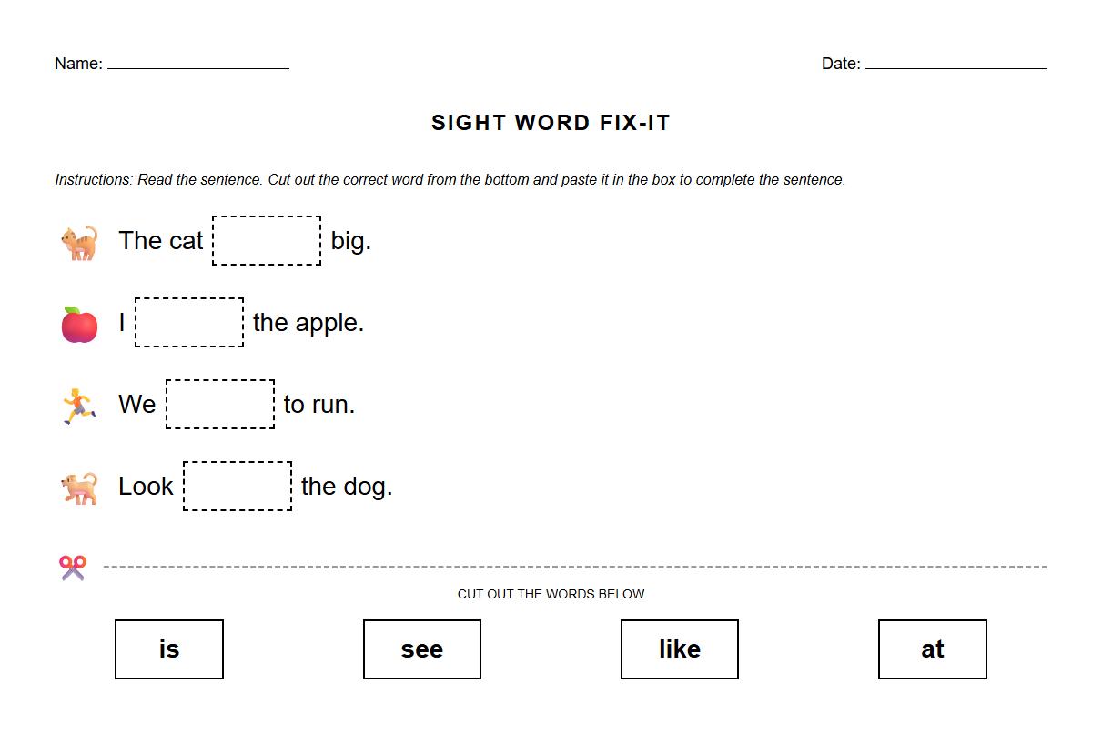 Cutting and Pasting Sight Word Reinforcement Worksheet