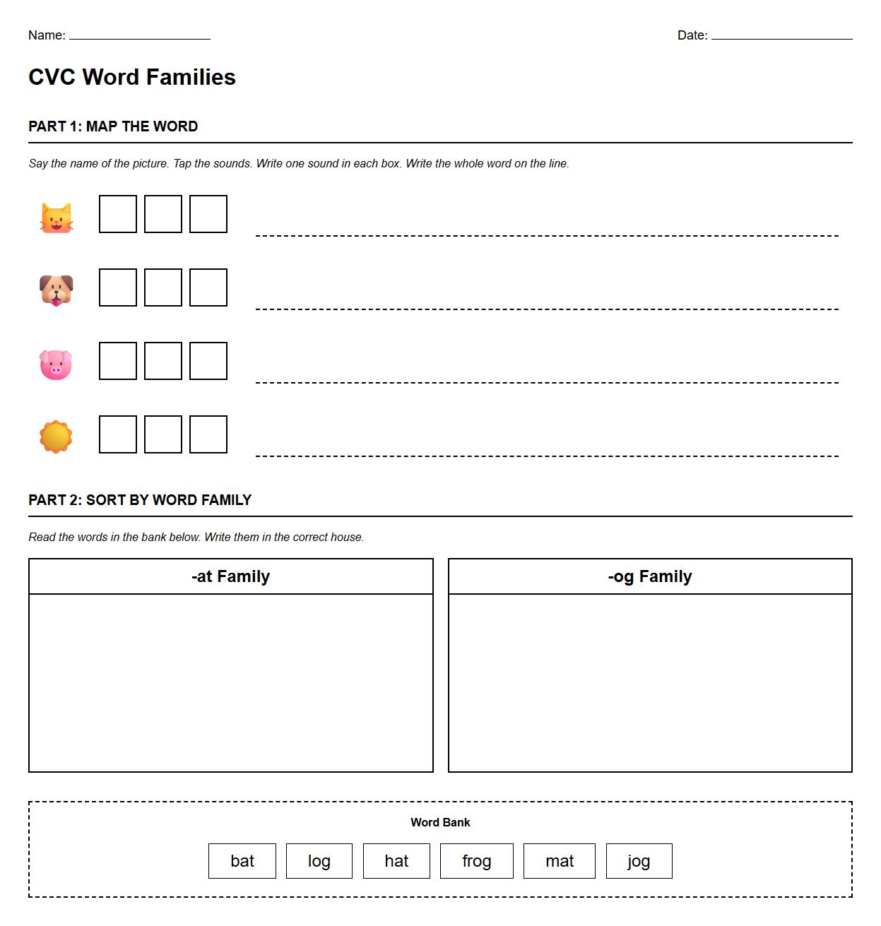 CVC Word Families Word Mapping and Sorting Sheet