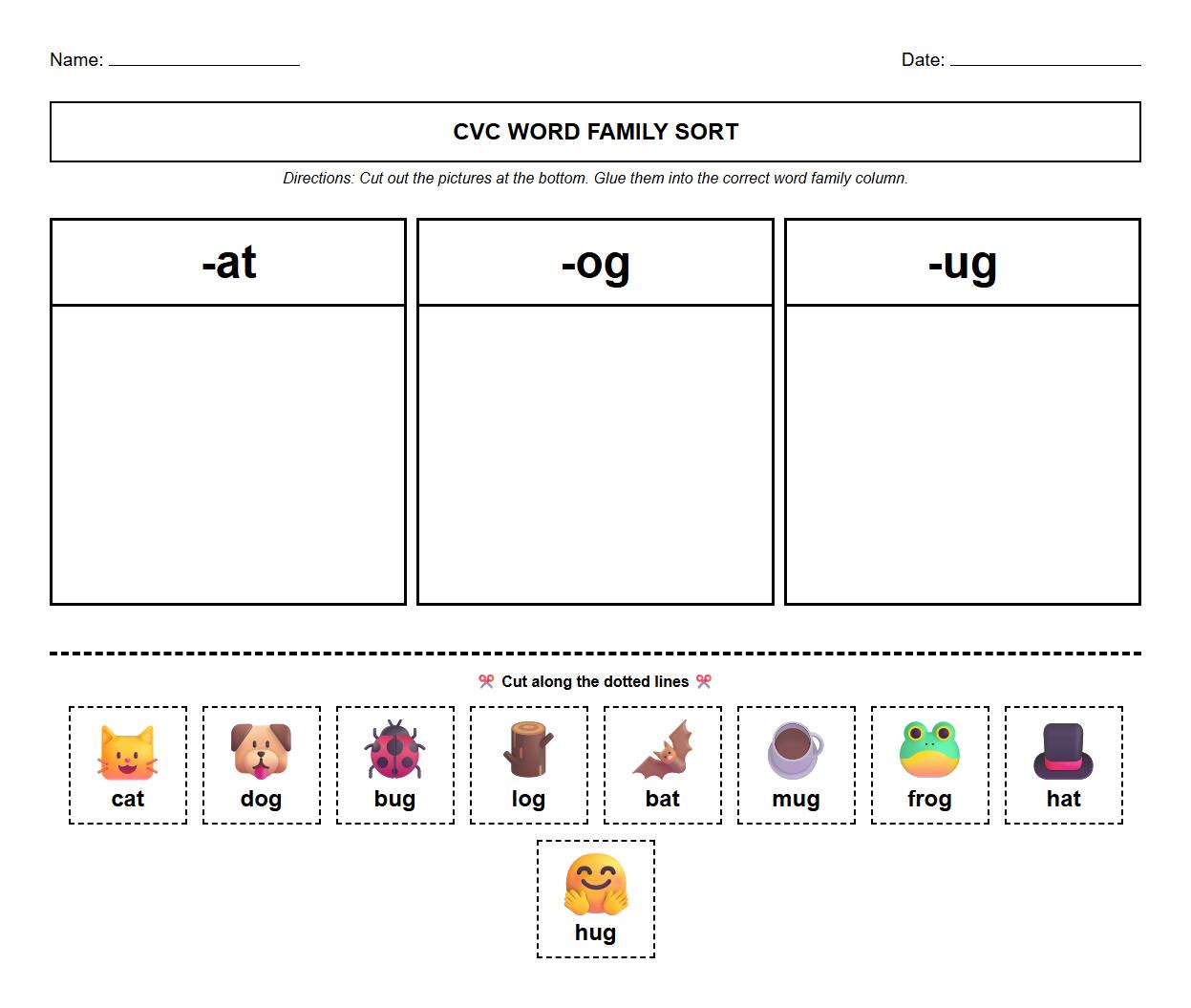 CVC Word Family Sorting Activity Worksheet