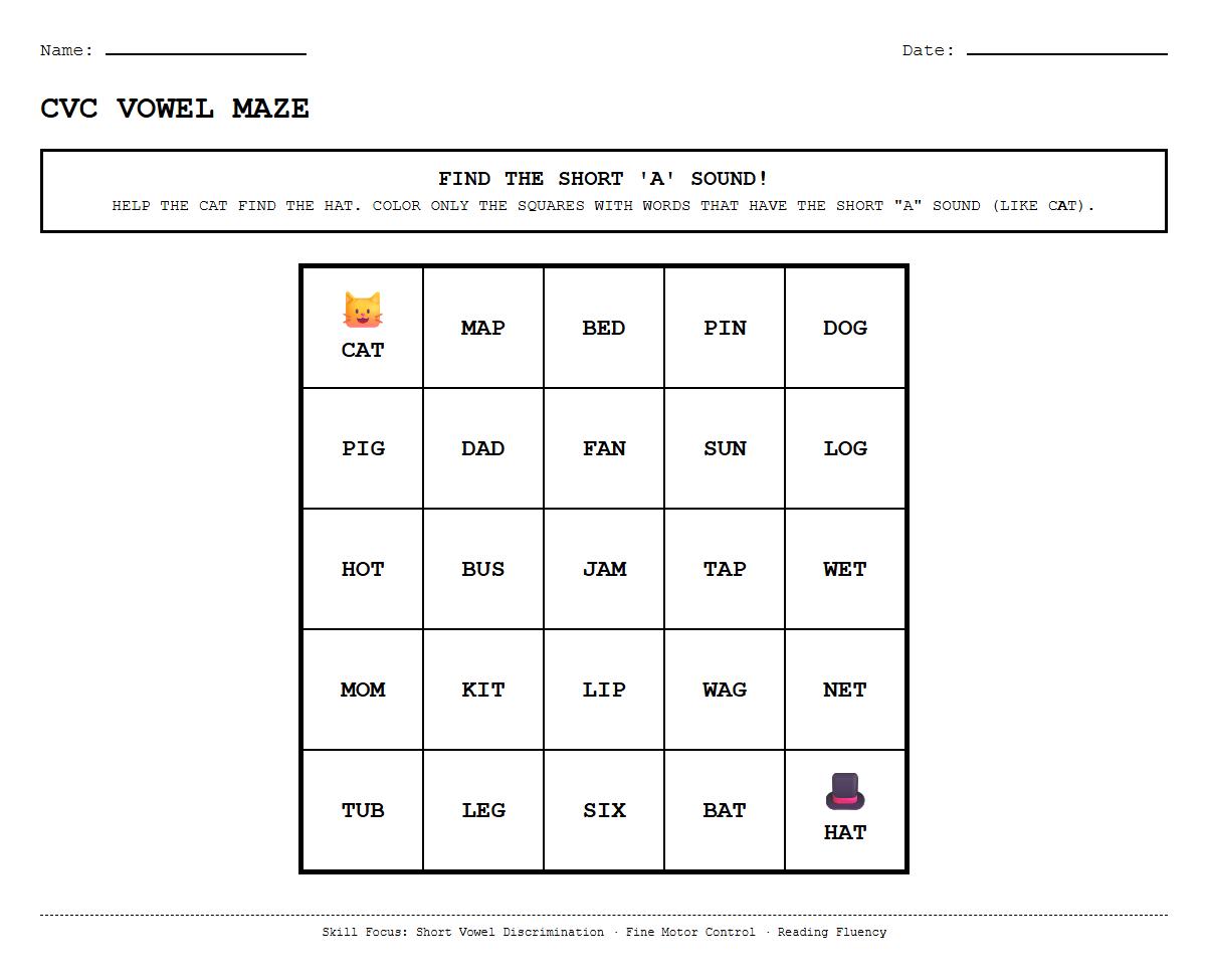 CVC Word Maze with Middle Vowel Discrimination