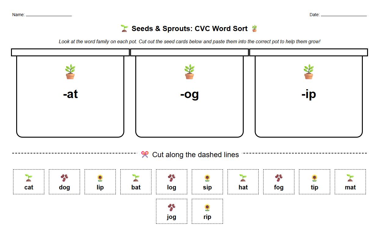 CVC Word Sorting Card Sheet on Seeds and Sprouts