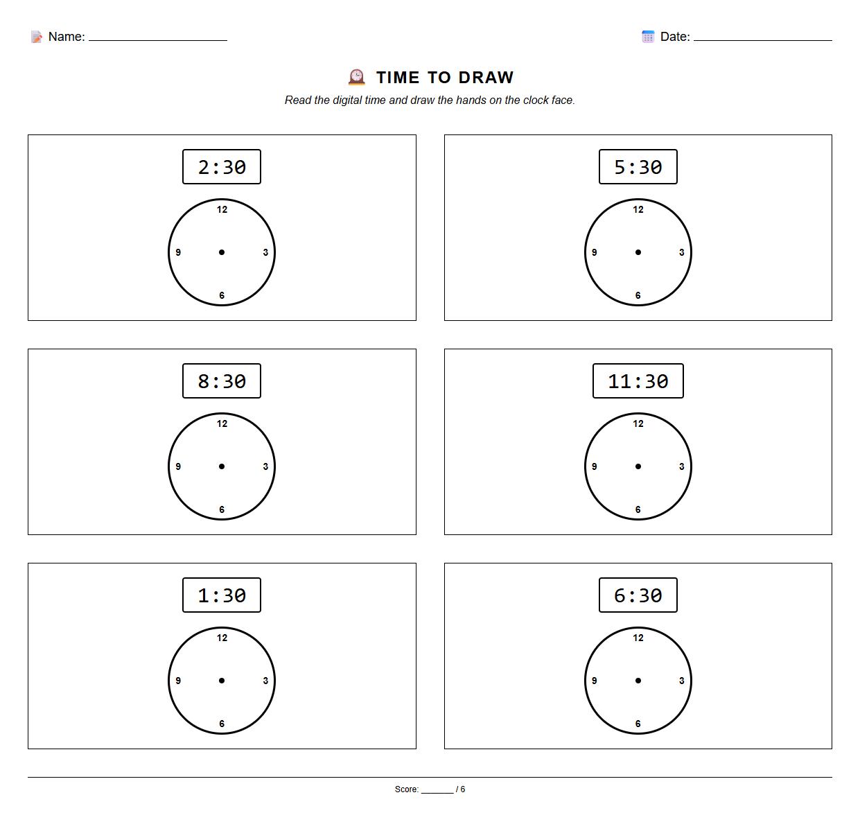 Digital to Analog Clock Conversion Worksheet Emphasizing Half Hour