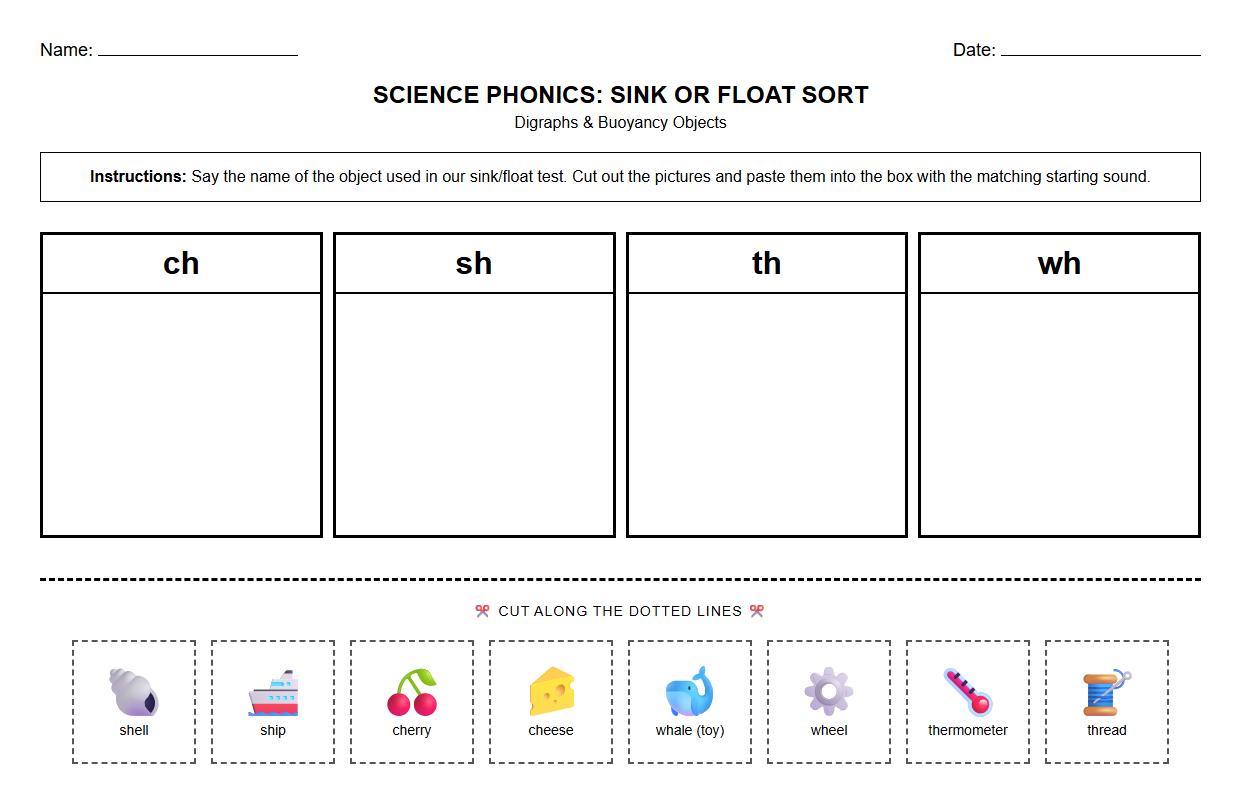 Digraph Sorting with Objects Used in Buoyancy Test Worksheet
