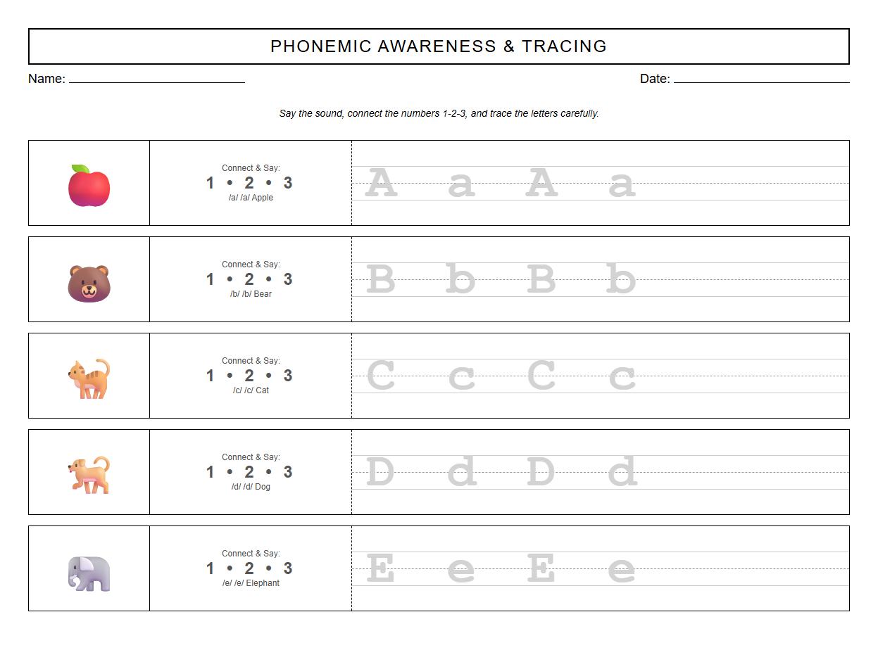 Dot to Dot Phonemic Awareness Tracing Sheets