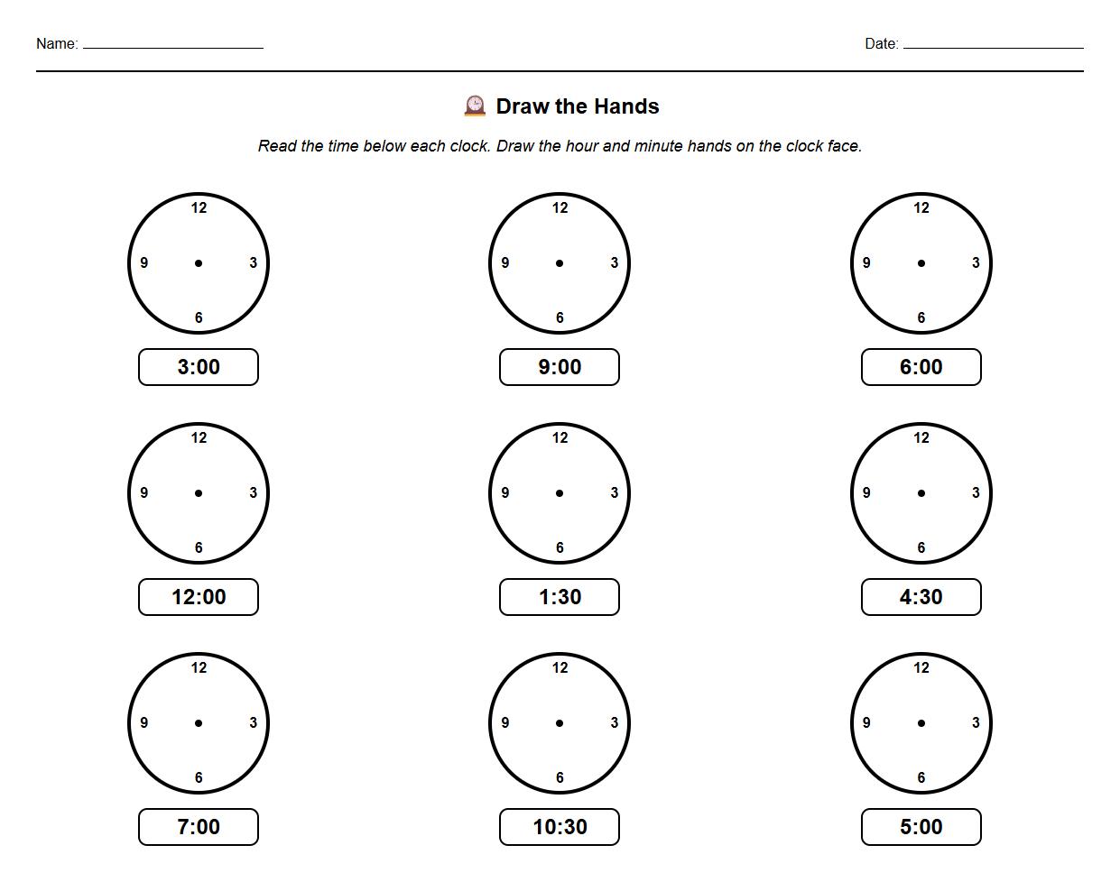 Draw the Hands on Clocks Visual Time Exercise for Kindergartners