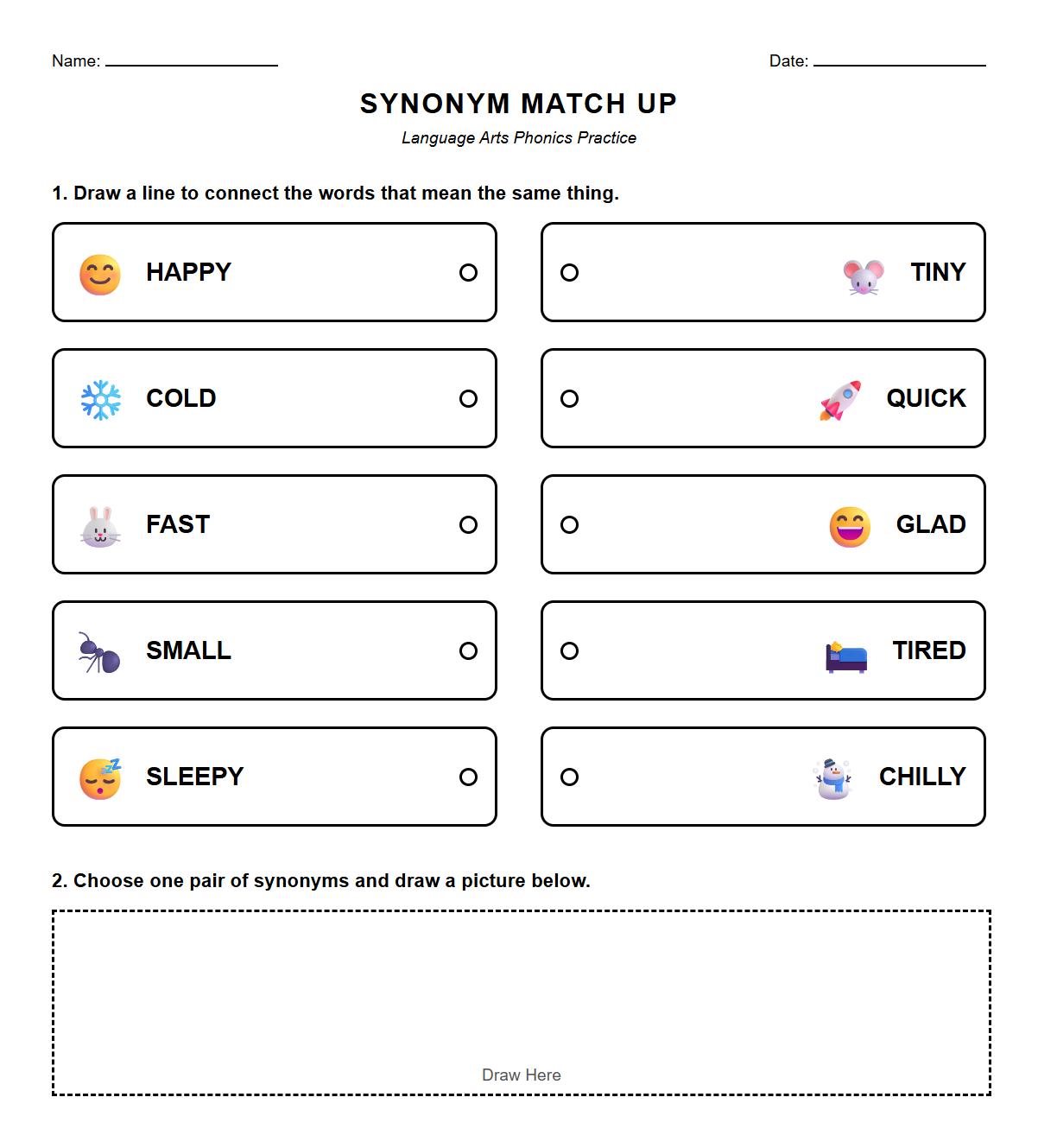 Draw and Match Synonym Words Phonics Practice