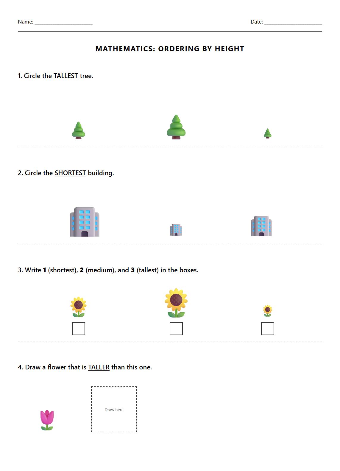 Early Learners Ordering Objects by Height Activity Sheet