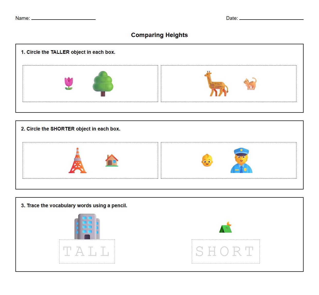 Early Math Phonics Worksheet Comparing Heights Using Vocabulary