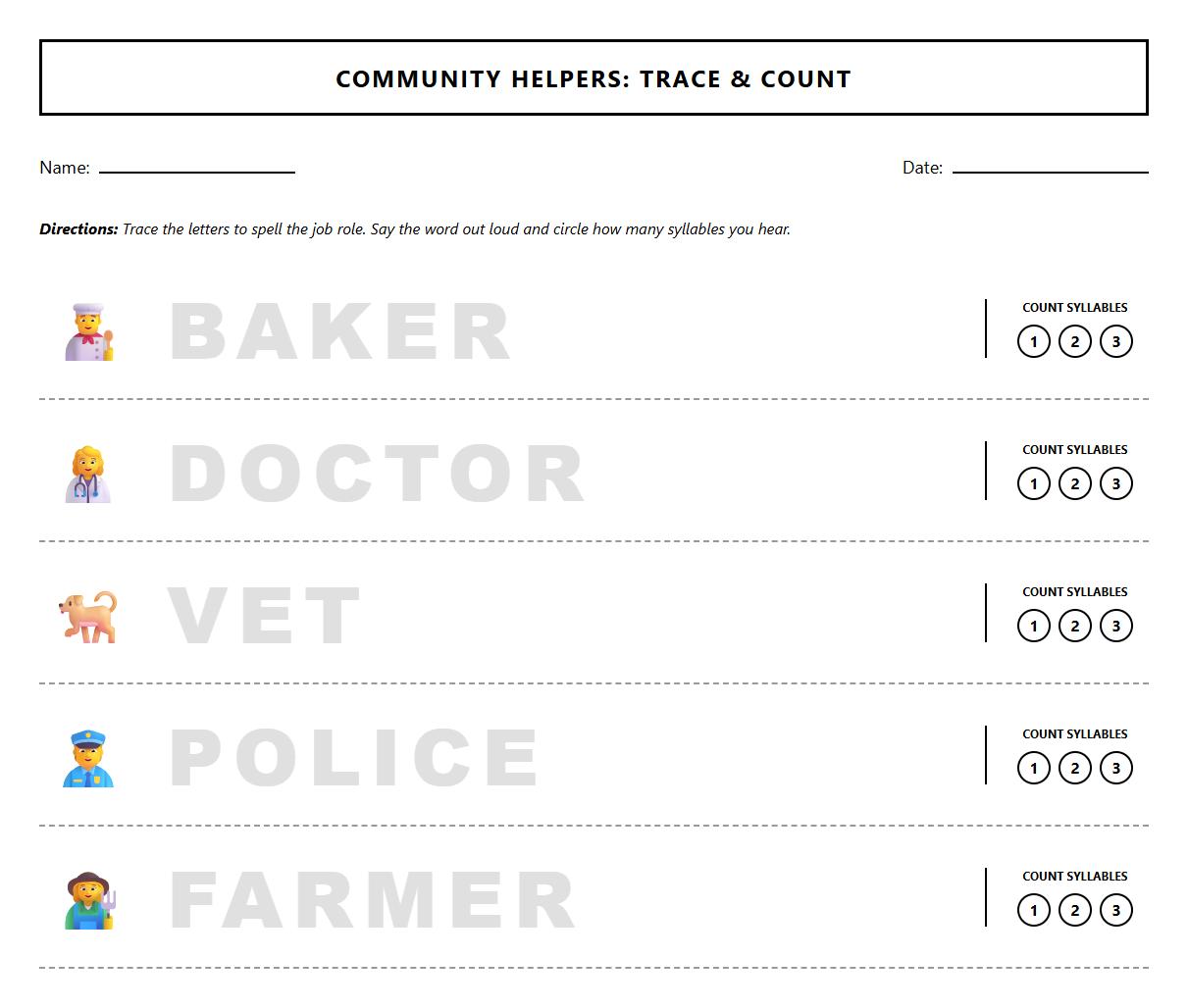 Employee Role Tracing Worksheet for Syllable Counting and Grip Strength