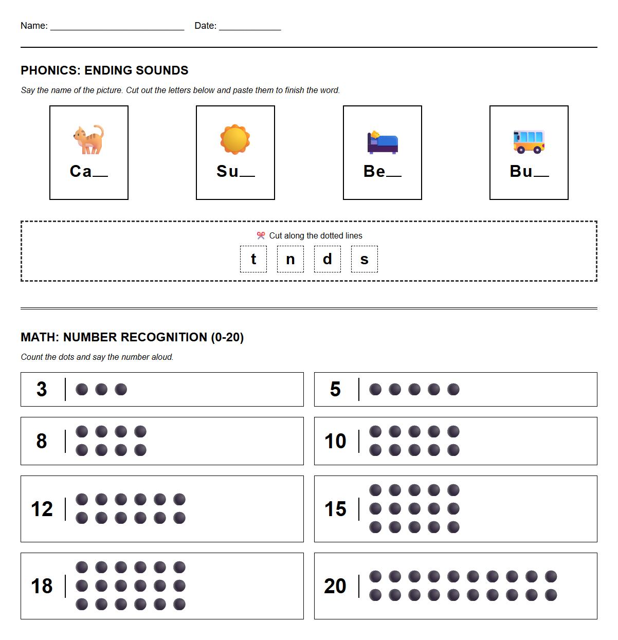 Ending Sounds Phonics Cut and Paste and Dot Number Recognition 0 to 20 Worksheet