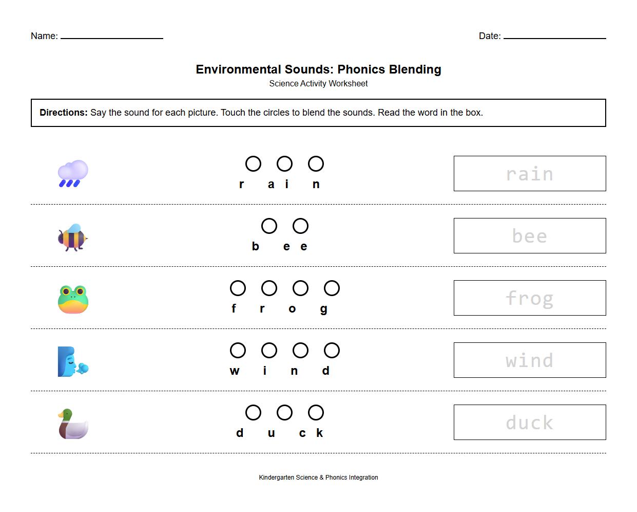Environmental Sound Phonics Blending Worksheet