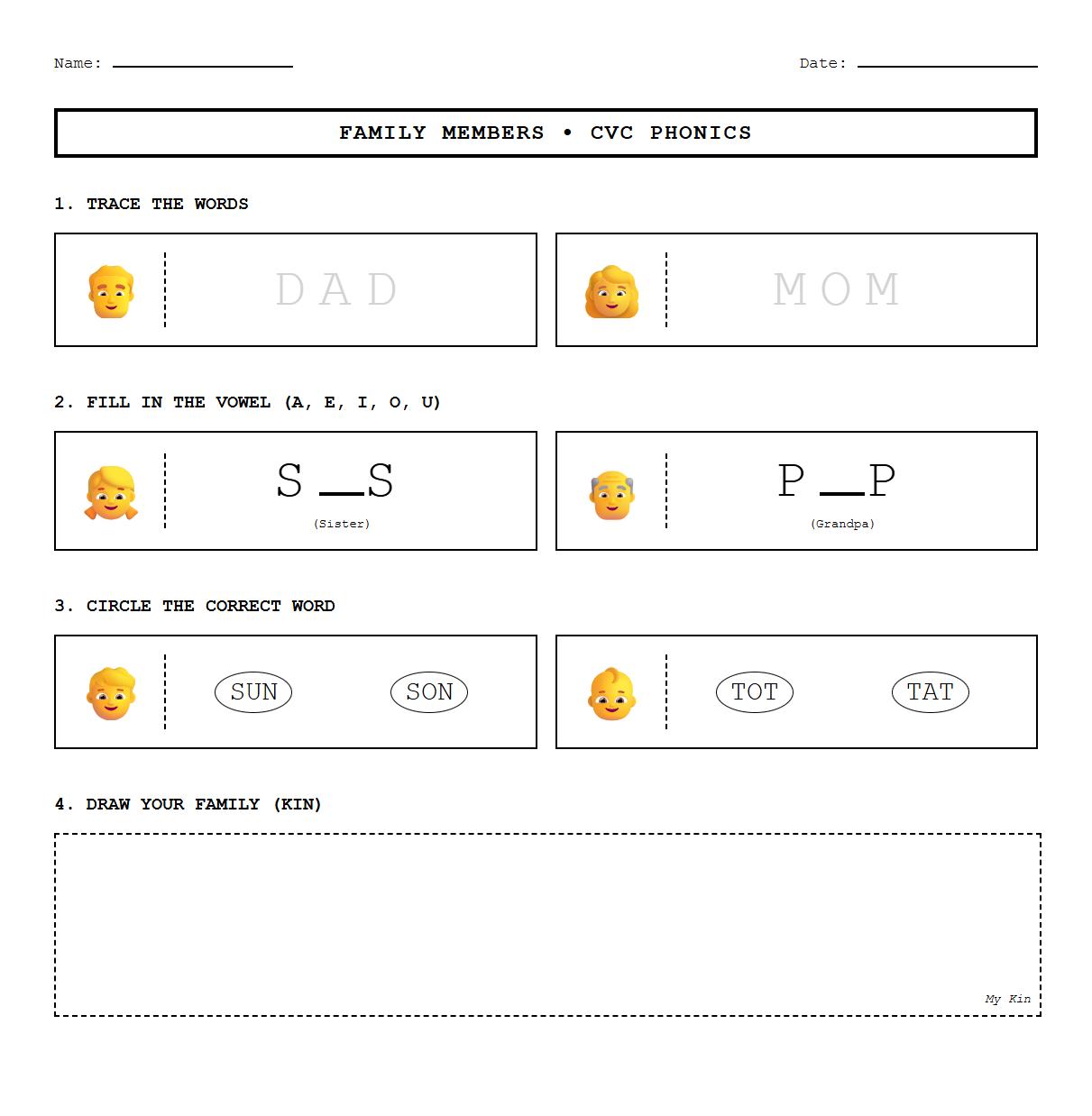 Family Members CVC Word Phonics Worksheet