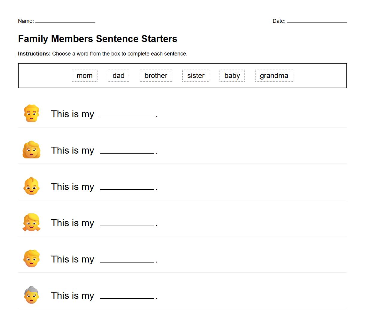 Family Members Sentence Starters Worksheet