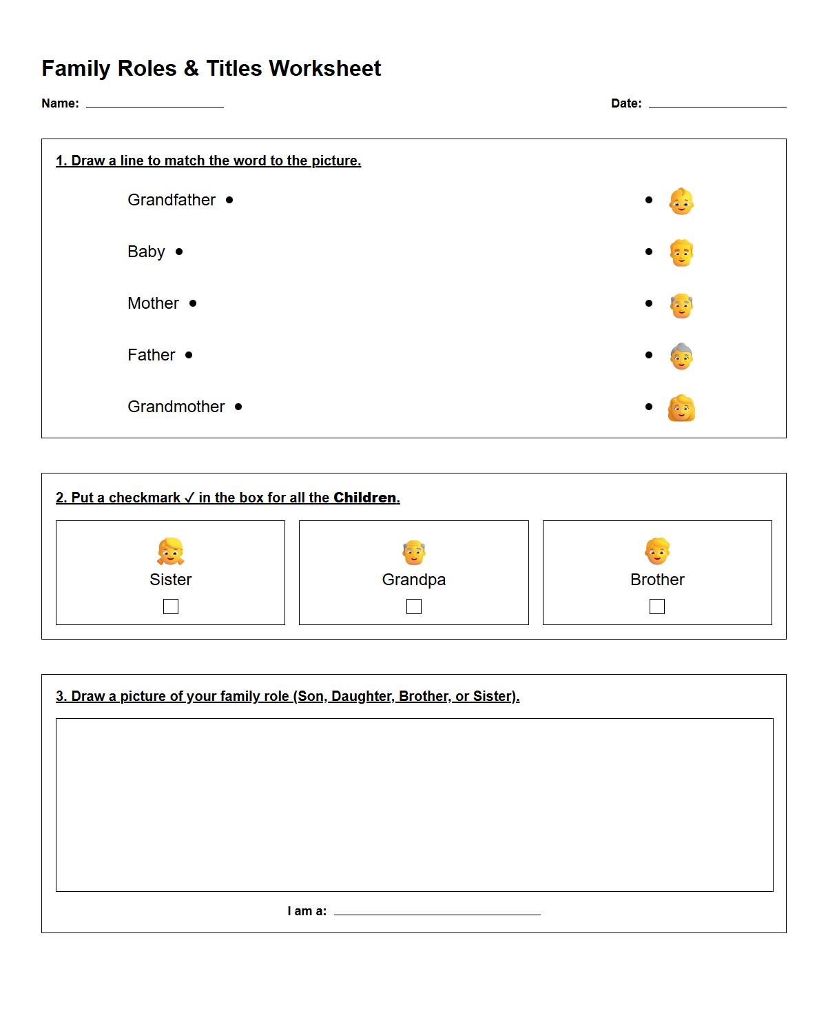 Family Roles and Titles Categorization Worksheet