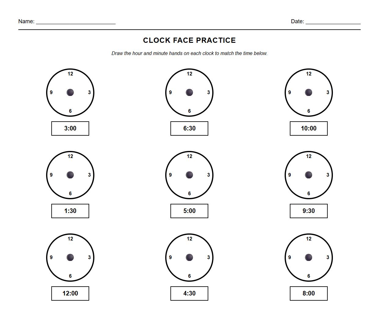 Fill in the Blank Clock Faces for Hour and Half Hour Practice