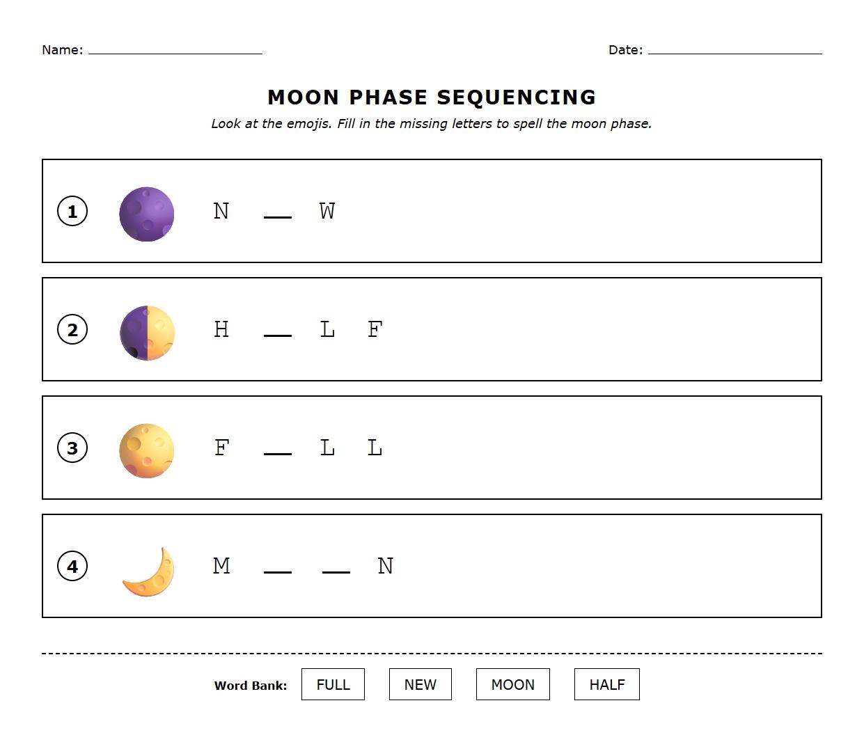Fill in the Blank Sequencing Phonics Worksheet Using Moon Cycle Vocabulary