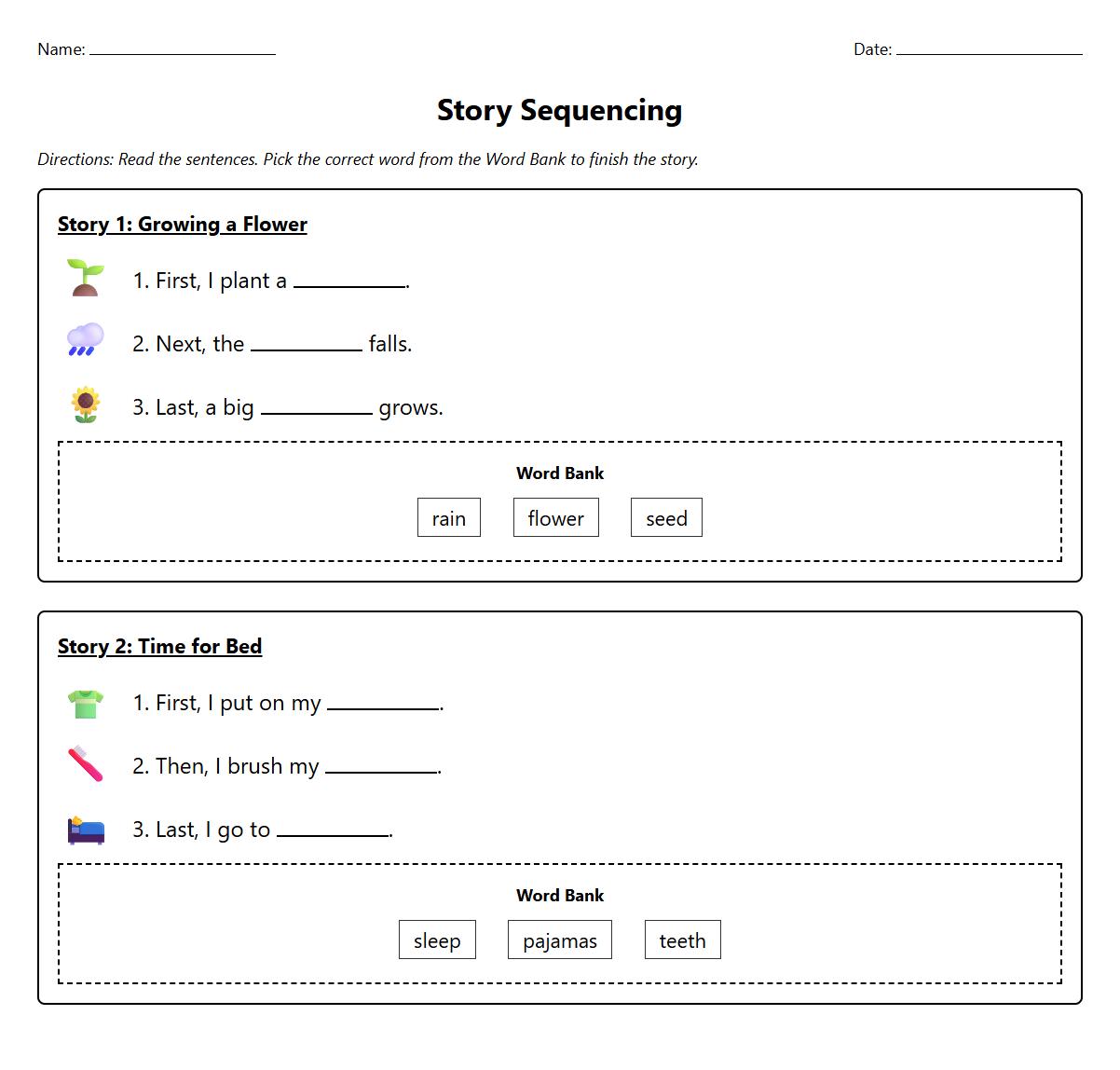 Fill in the blank sequencing sentences