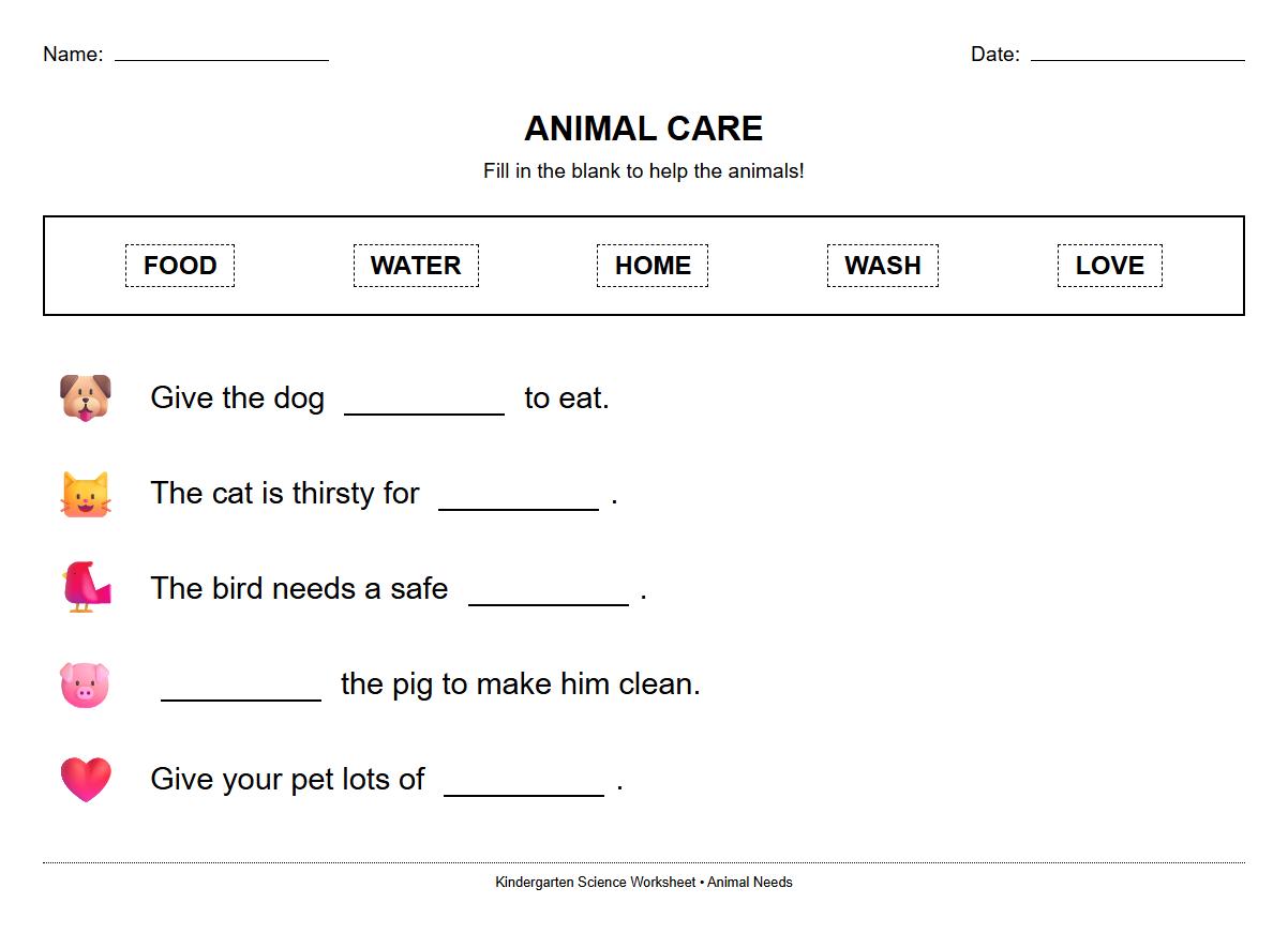 Fill in the Blank Worksheet on Animal Care Vocabulary