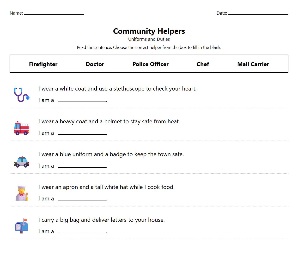Fill in the Blanks Community Helpers Uniforms and Duties
