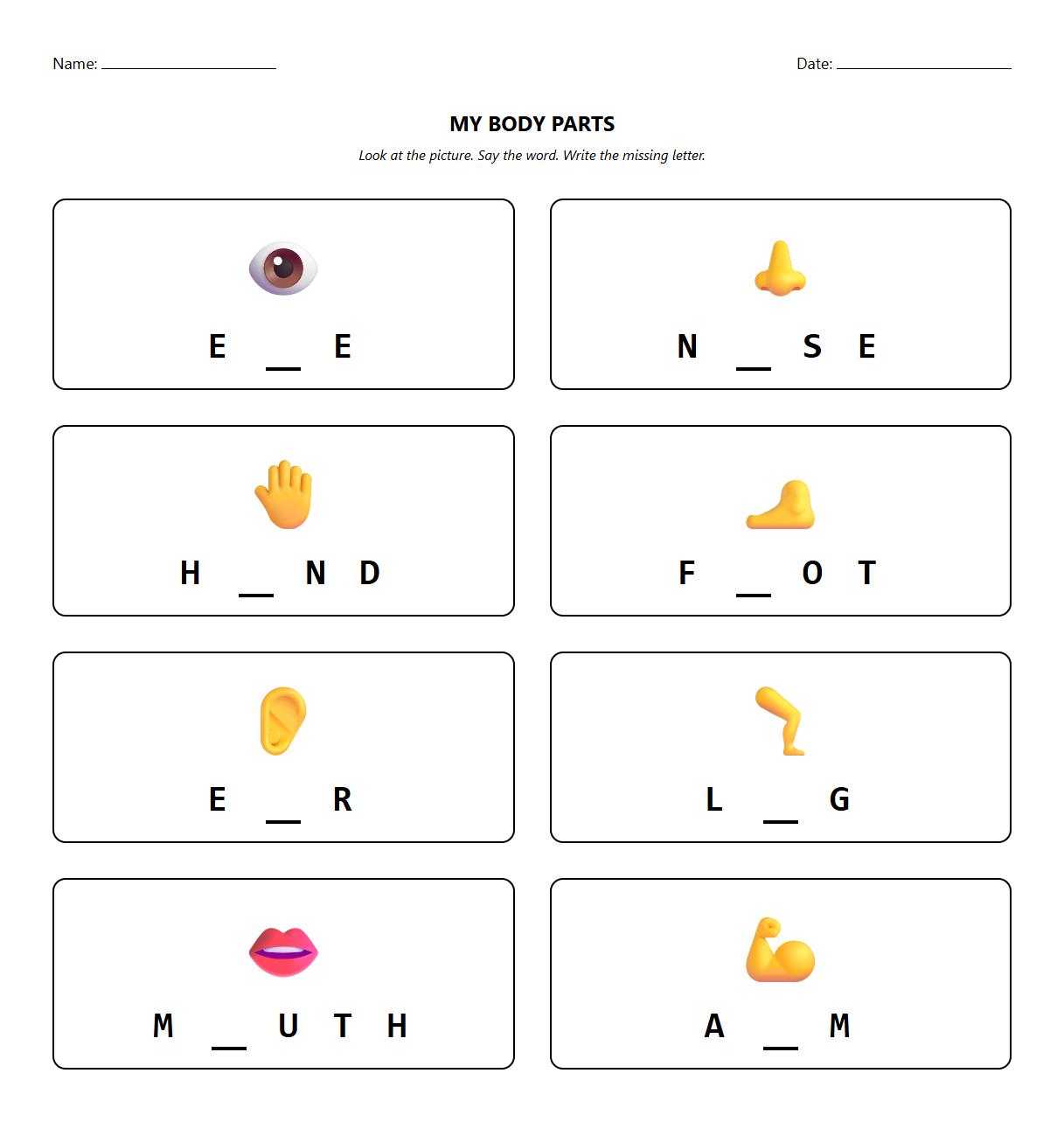 Fill in the Blanks Human Body Phonics Exercise