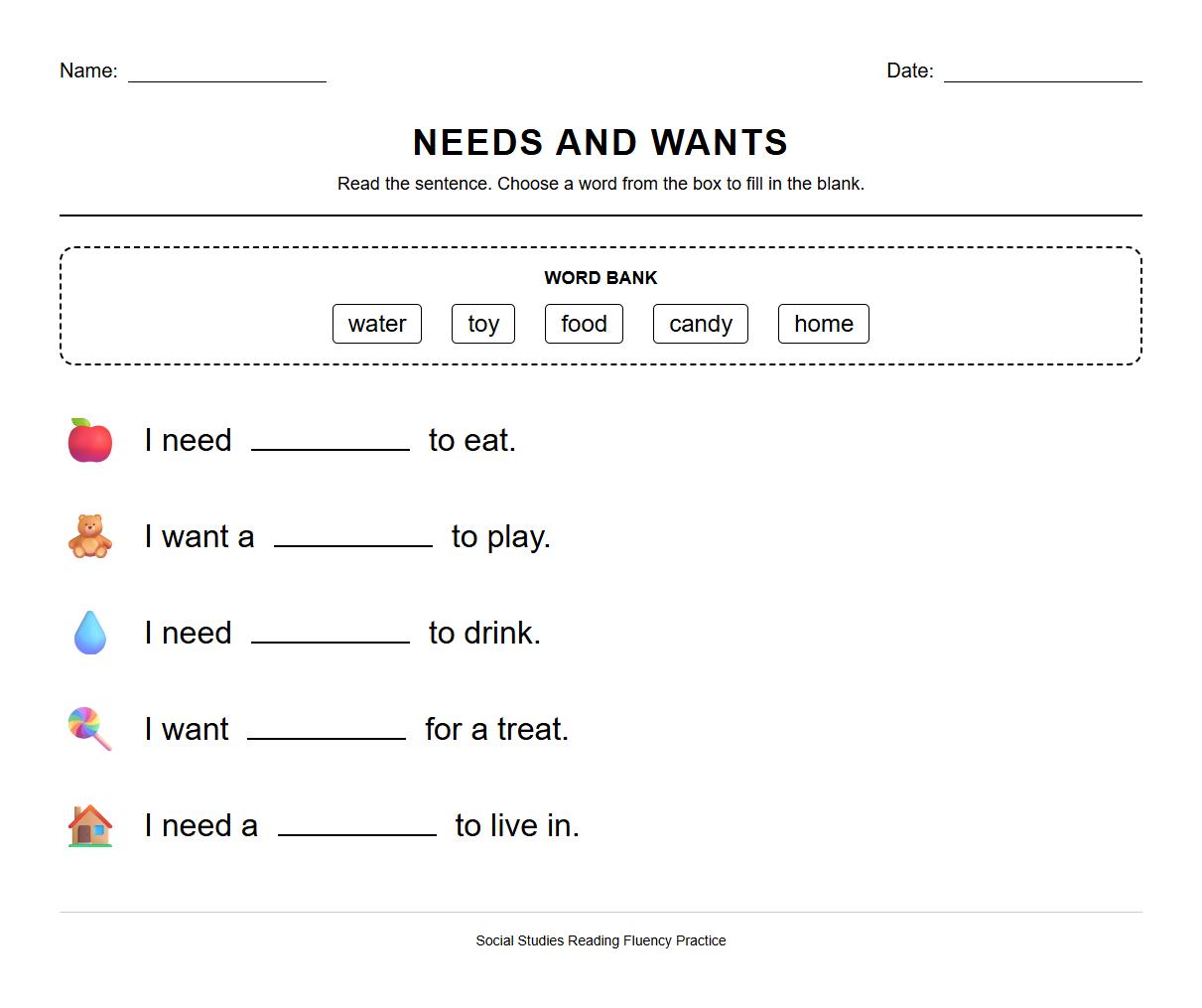 Fill in the Blanks Needs and Wants Sentences for Reading Fluency