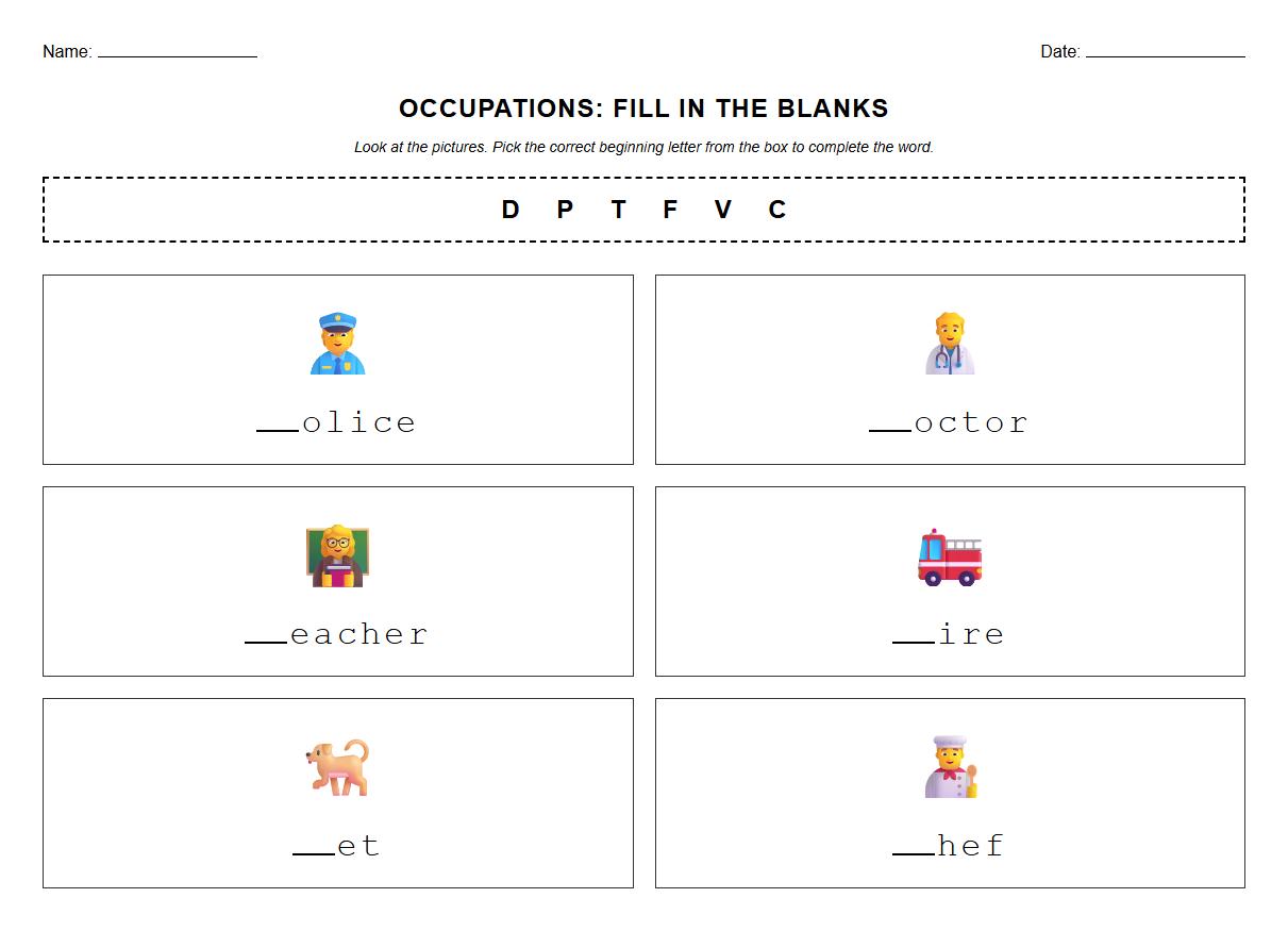 Fill in the Blanks Occupations Phonics Identification
