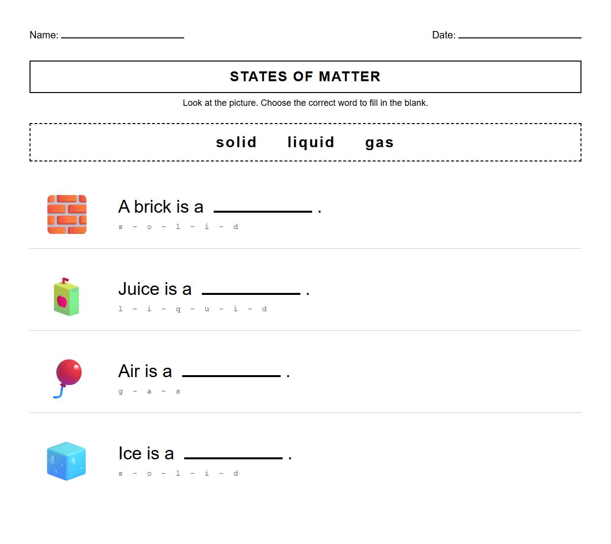 Fill in the Blanks States of Matter Phonics Practice