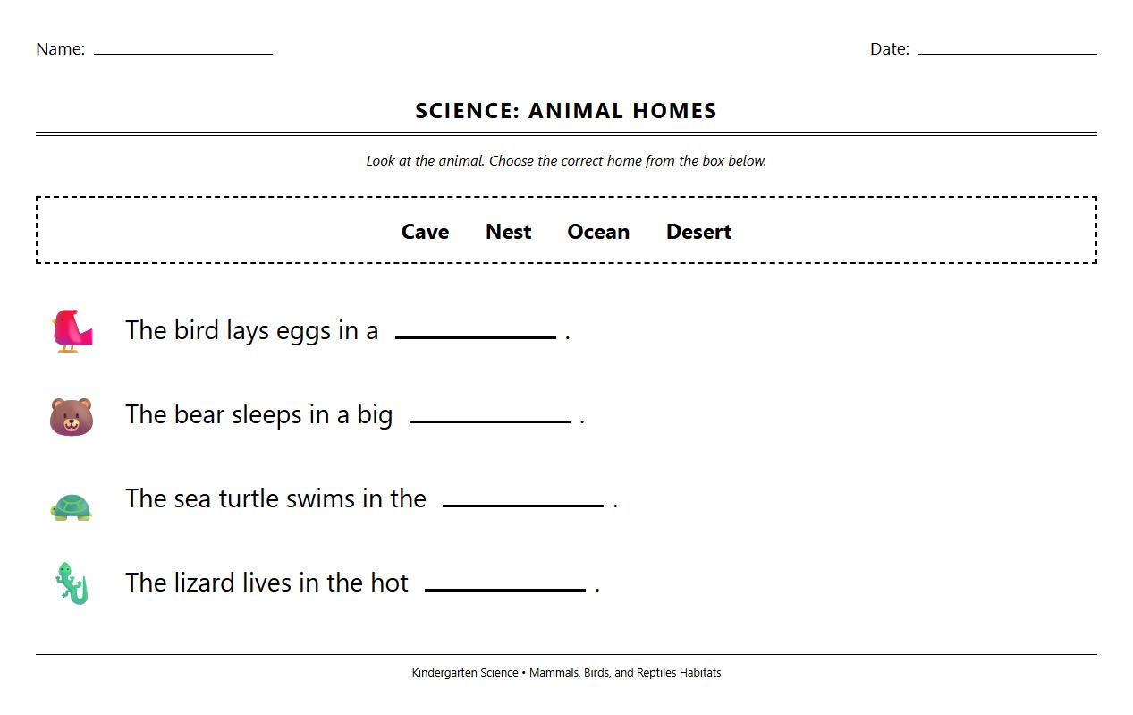 Fill in the Blanks Worksheet on Mammals Birds and Reptiles Habitats