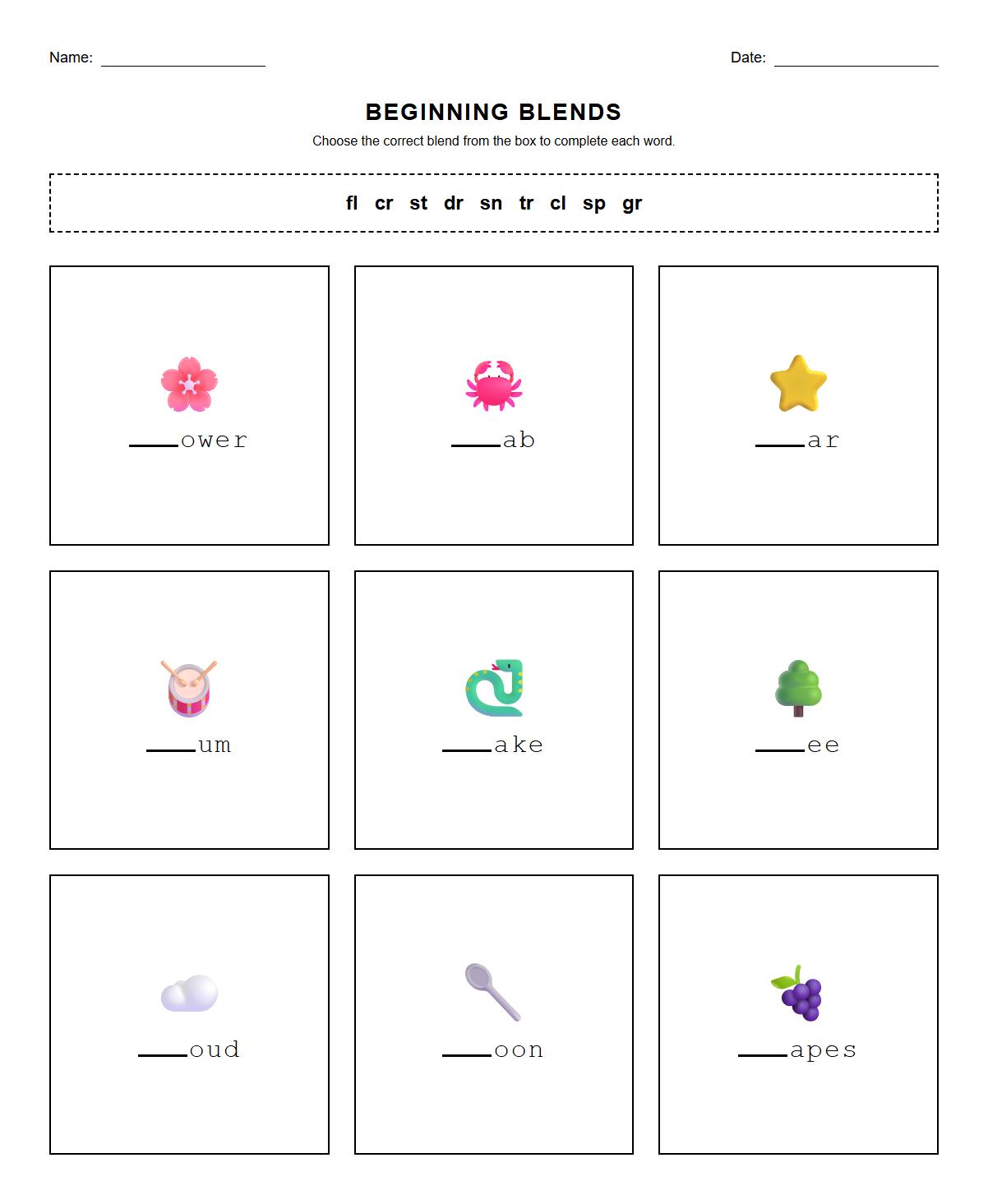 Fill in the Missing Beginning Blends Exercise