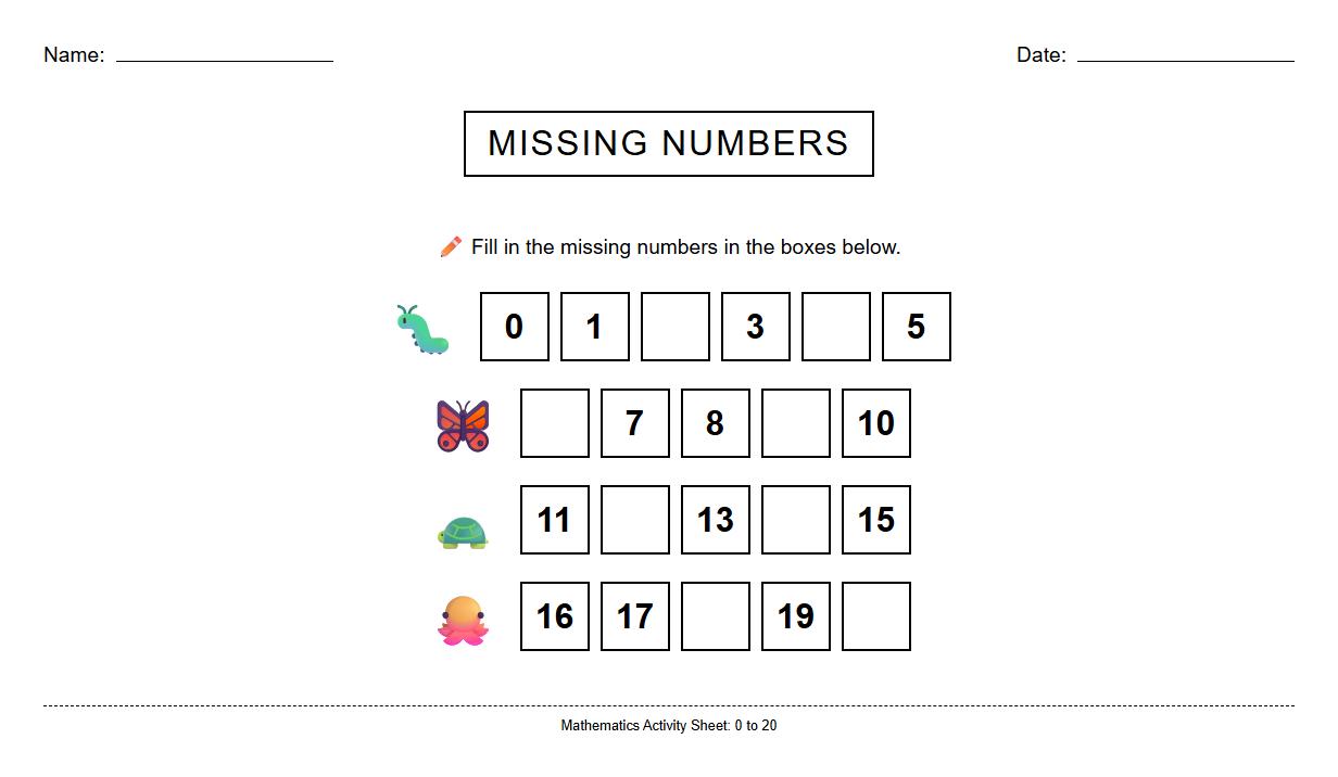 Fill in the Missing Number Activity for 0 to 20