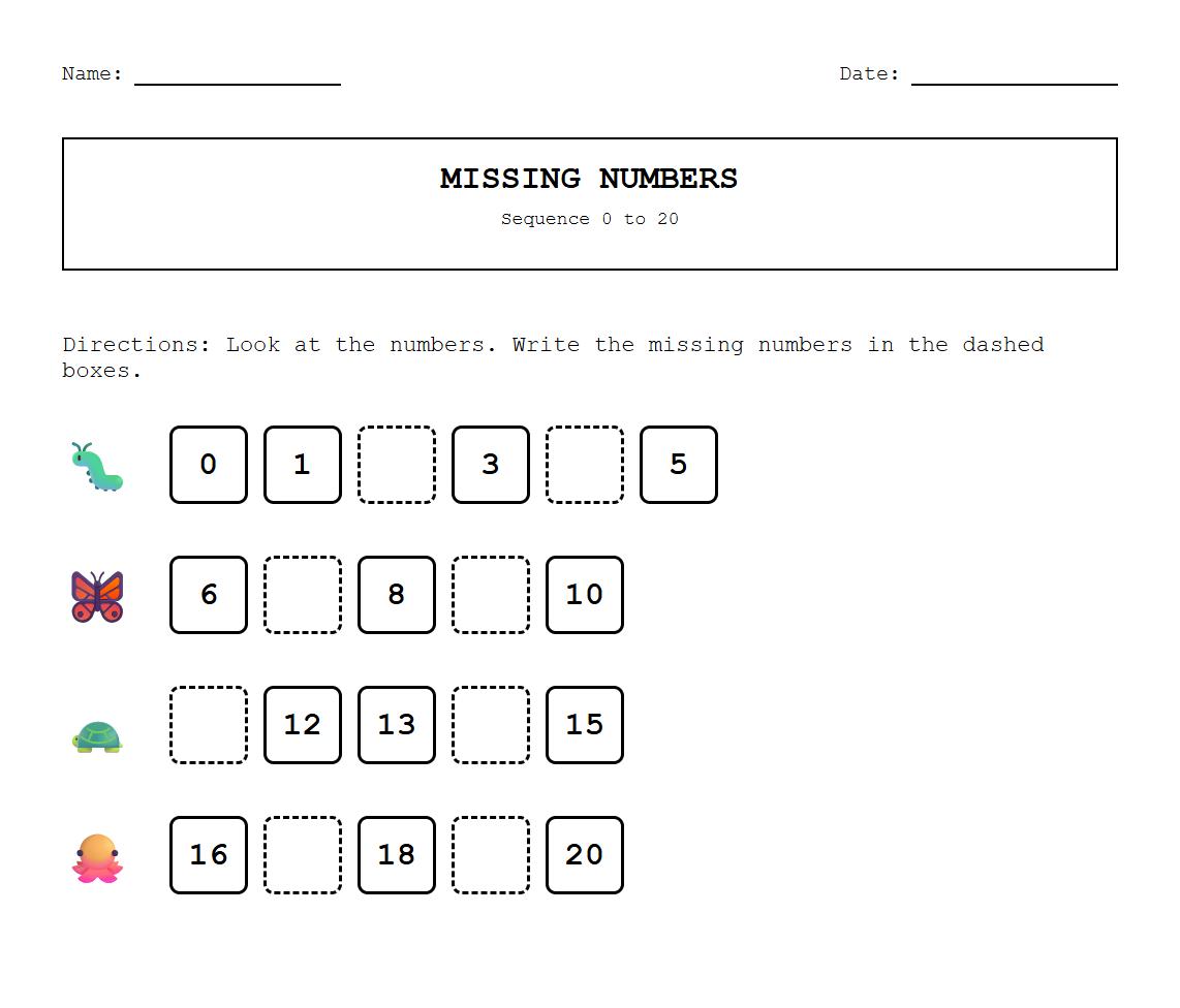 Fill in the Missing Numbers Sequence 0 to 20 Worksheet