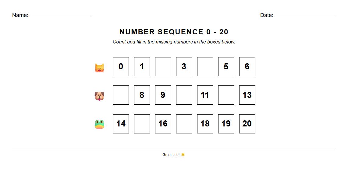 Fill in the Missing Numbers Worksheet for Number Sequencing 0 to 20