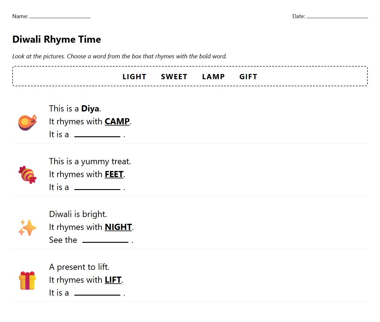 Fill in the Rhyming Word Puzzle with Diwali Celebration Imagery