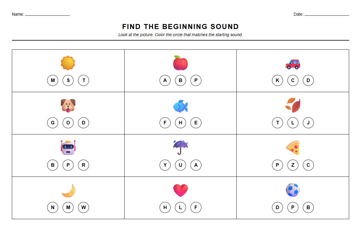 Find and color the beginning sound worksheet for alphabet fluency