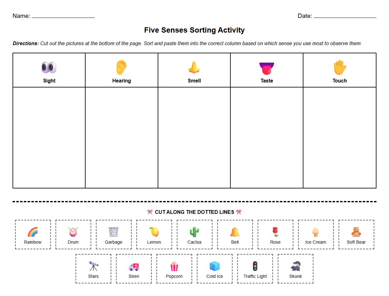 Five Senses Cut and Paste Sensory Words Sorting Activity