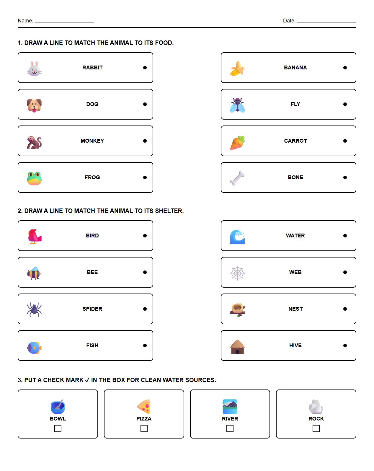 Food Water Shelter Identification Worksheet for Animals