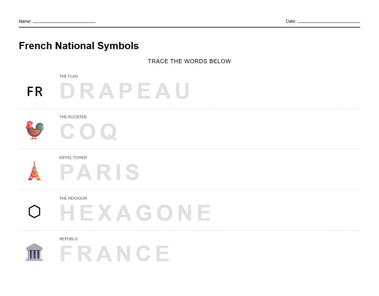 Guided tracing worksheet focusing on spelling of French National Symbols