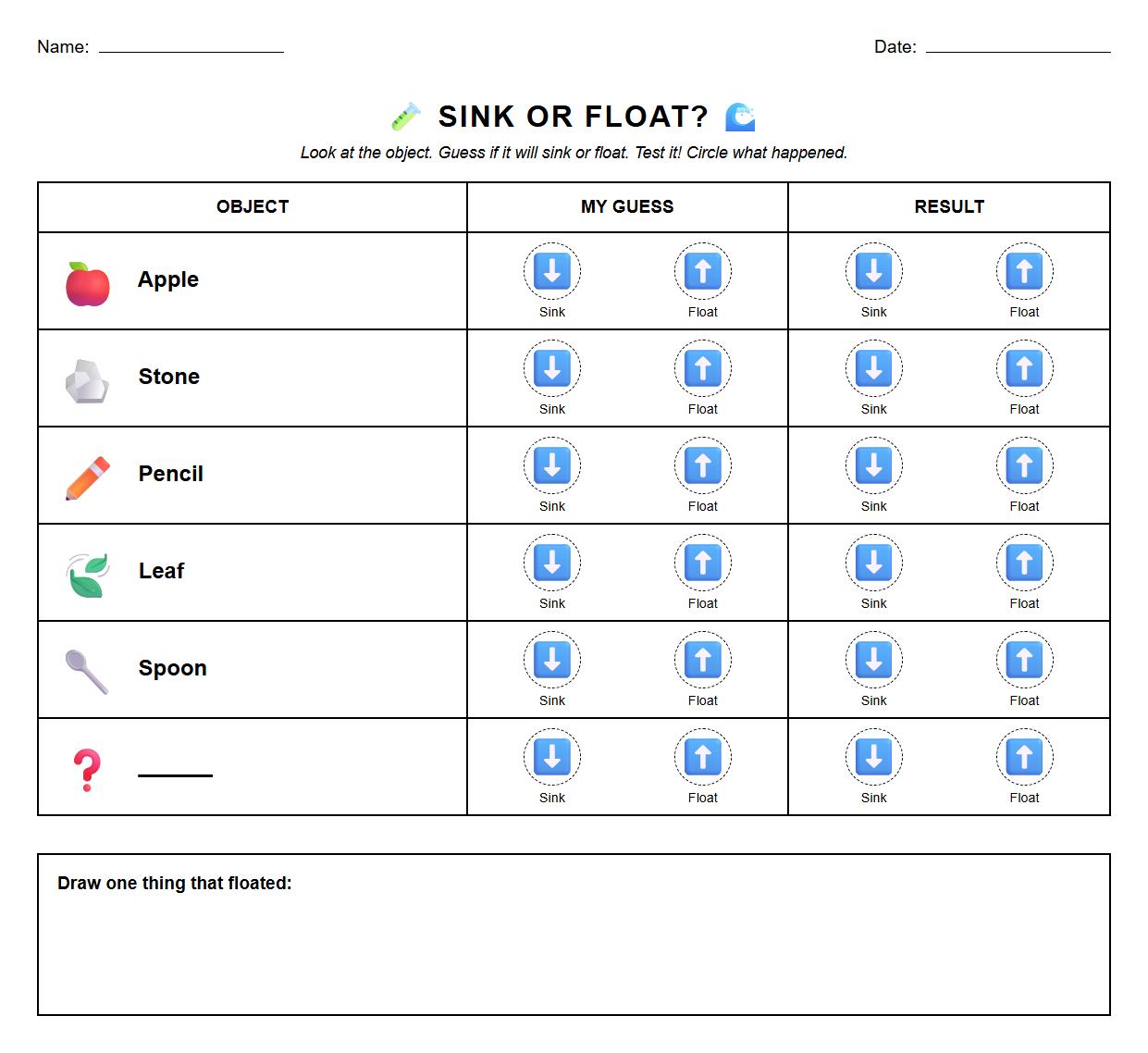 Hands On Experiment Recording Sheet with Sink or Float Focus