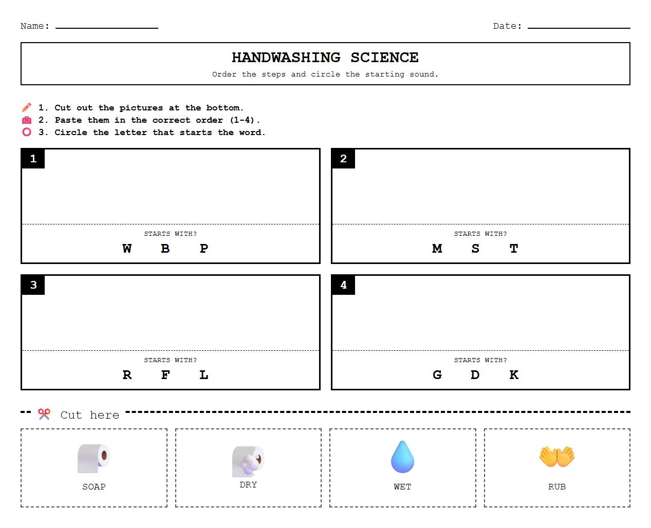 Handwashing Steps Phonics Cut and Paste Worksheet