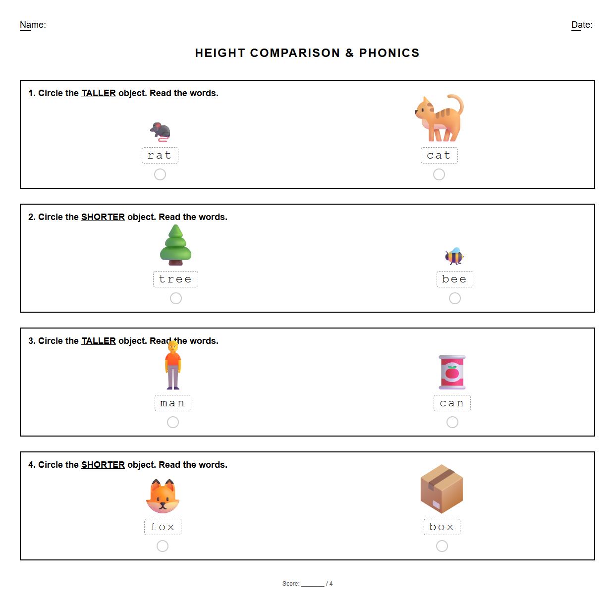 Height Comparison Worksheet Using Blending Sound Words