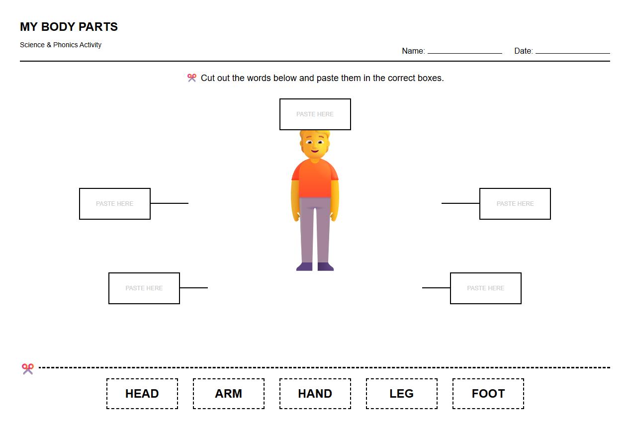 Human Body Parts Cut and Paste Phonics Activity
