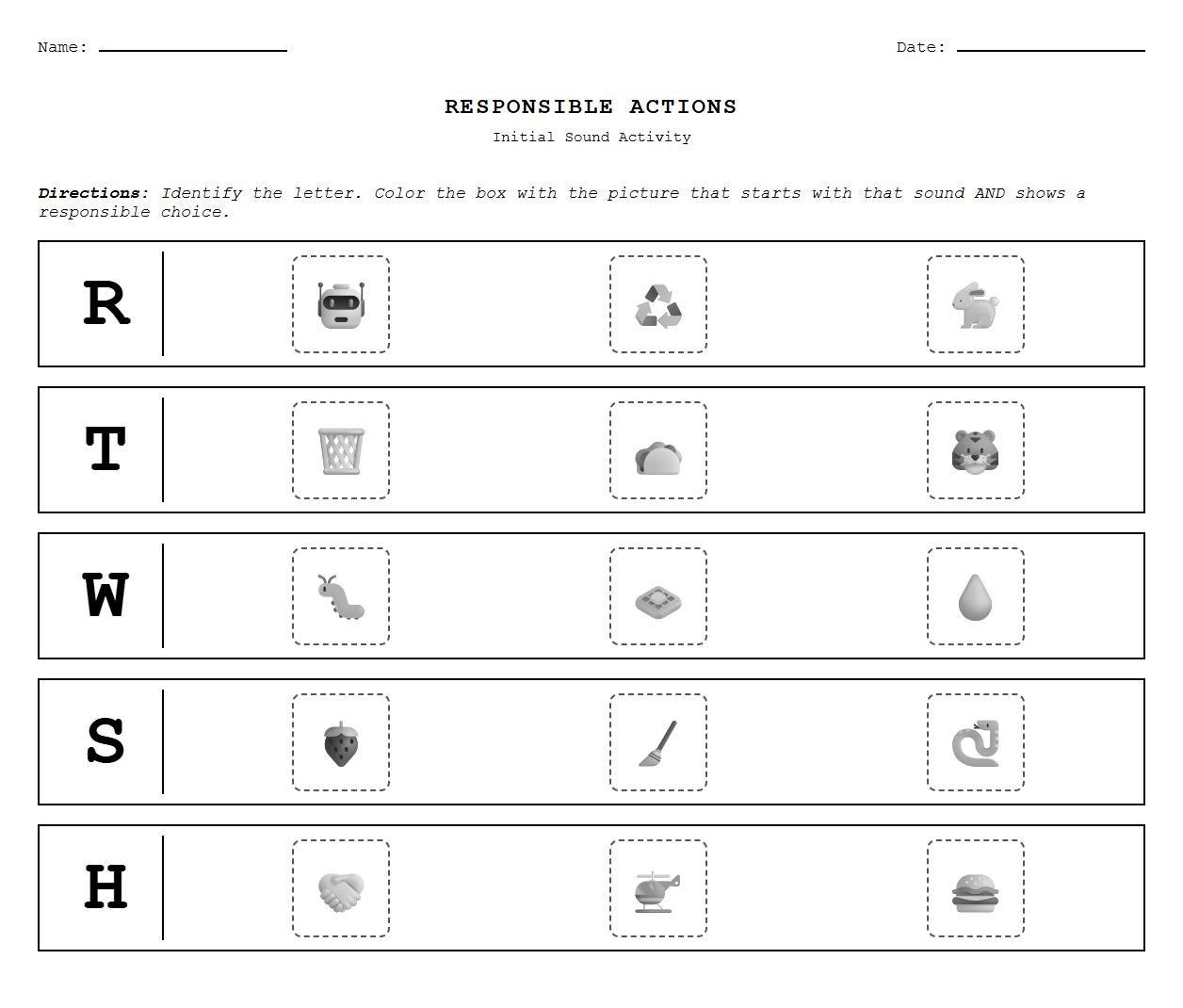 Initial Sound Coloring Worksheet with Responsible Actions