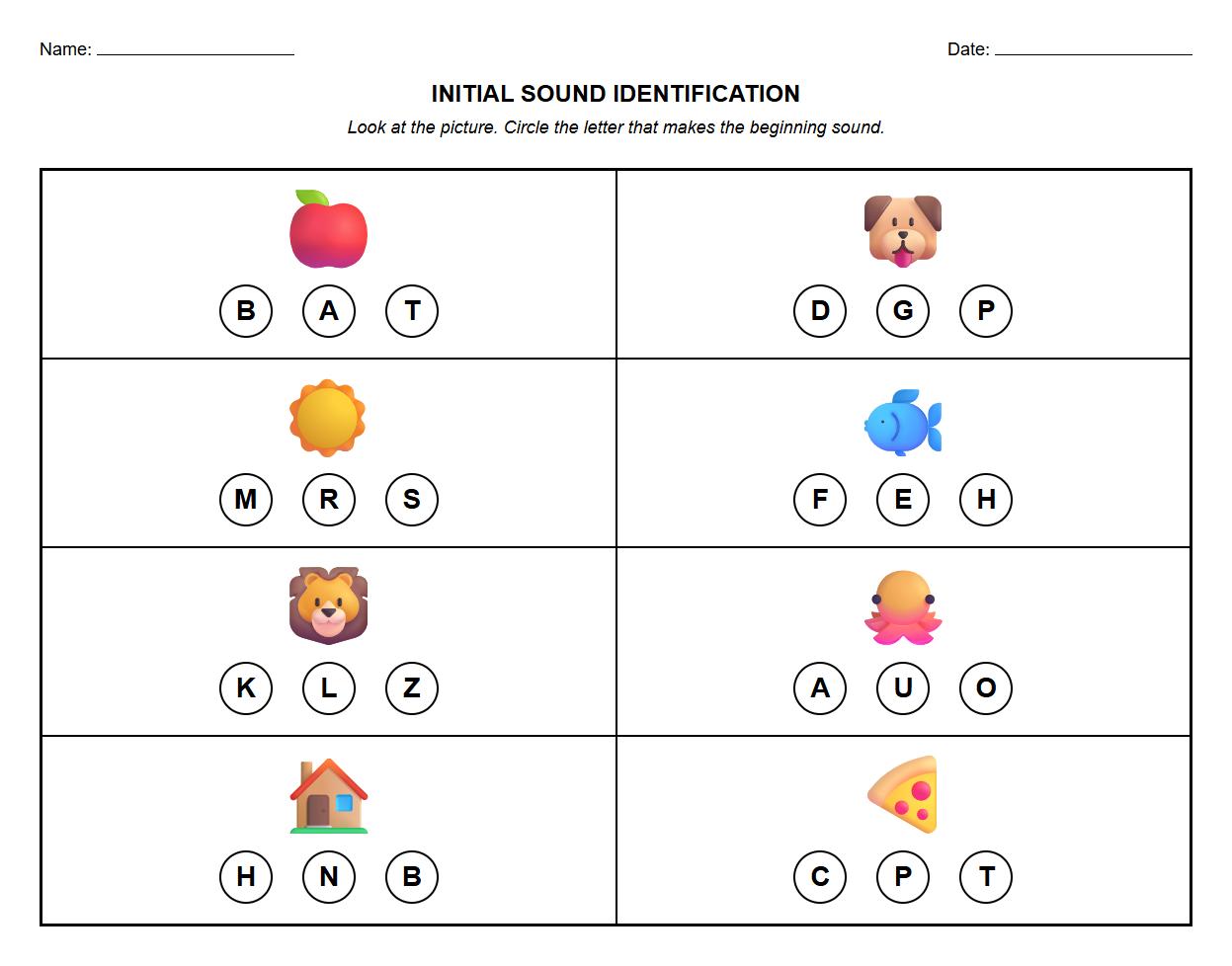 Initial Sound Identification with Pictures Worksheet