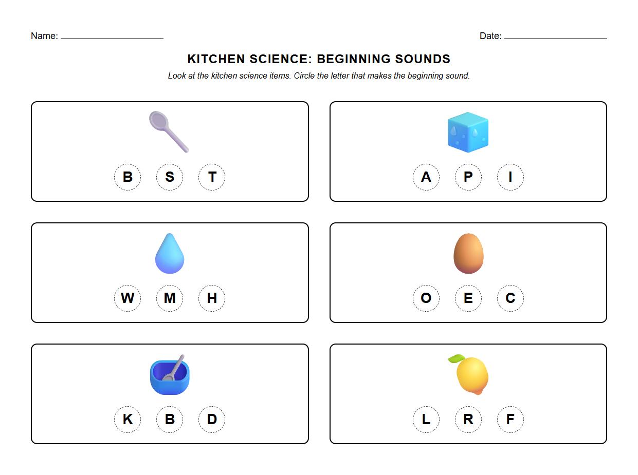 Initial Sound Identification Using Kitchen Science Materials Worksheet