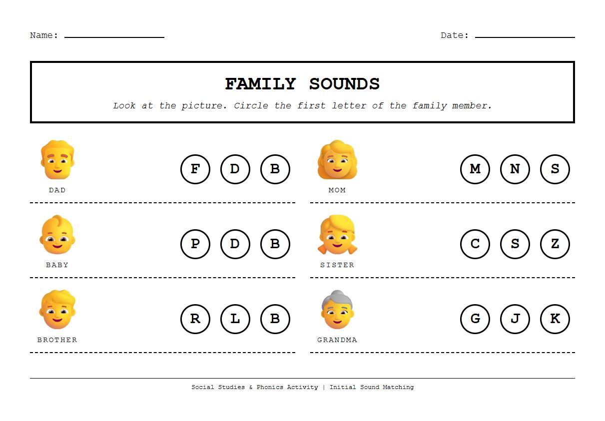 Initial Sound Matching Family Member Phonics Worksheet