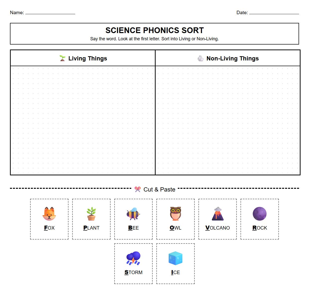 Interactive Categorization Grid Using Phonics Terms for Science