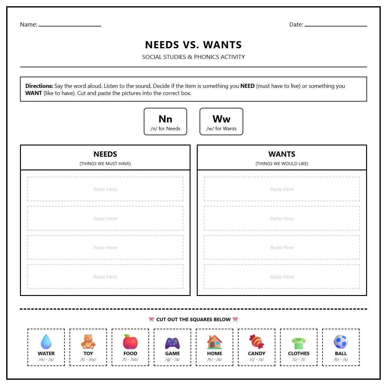 Interactive Phonics-Based Needs and Wants Categorization Worksheet