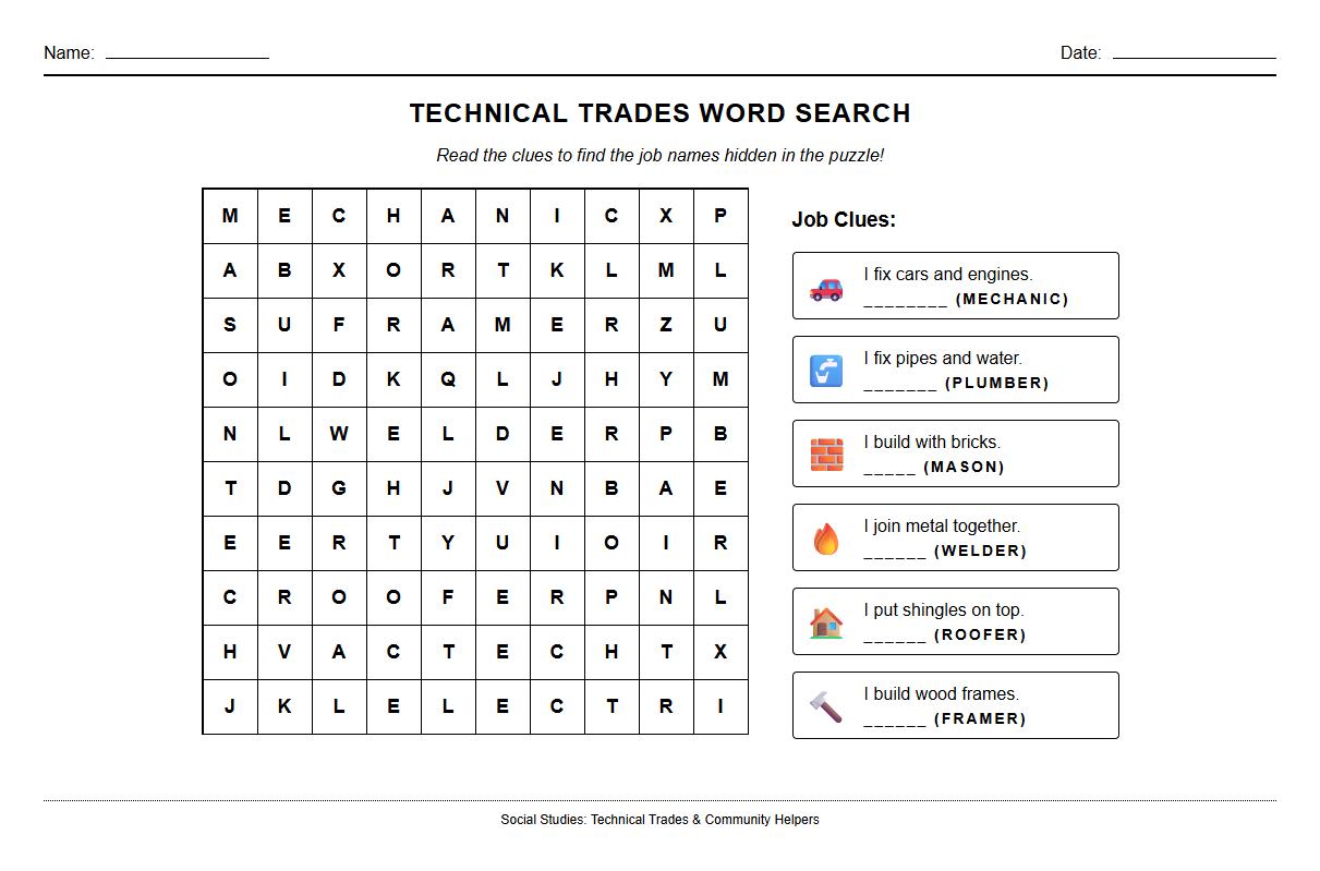 Job Description Clue Word Search Featuring Technical Trade Terms